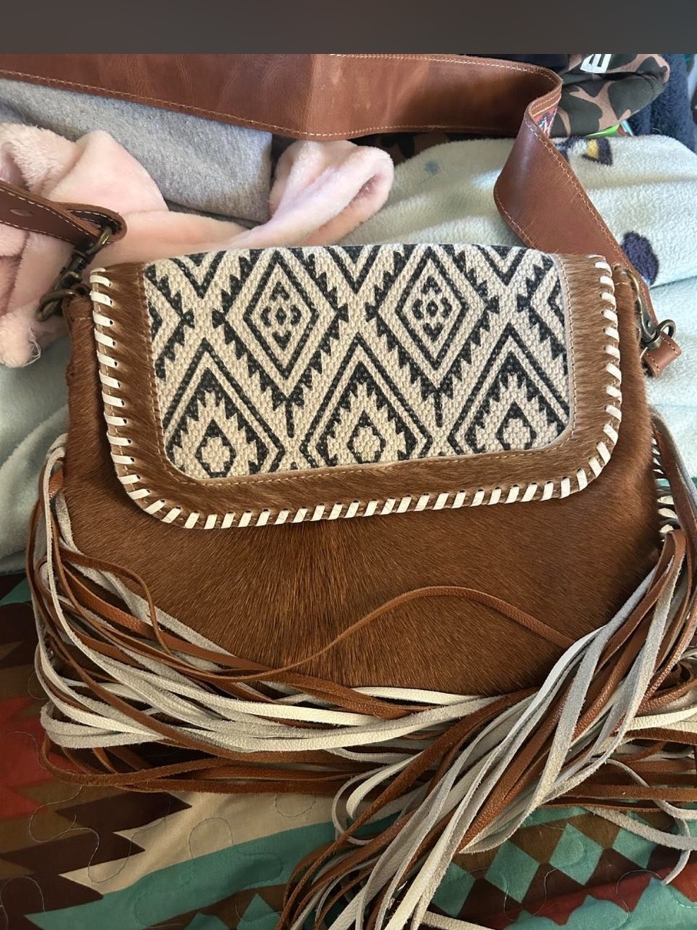 Myra Fringe Leather & Woven Flap Crossbody Bag - Brown